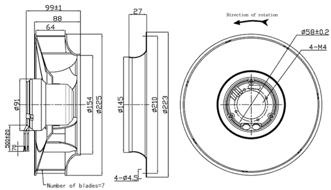 YUTEC 115VAC 230VAC 225mm 72motor Plastic impeller Backward Curved Centrifugal Fan