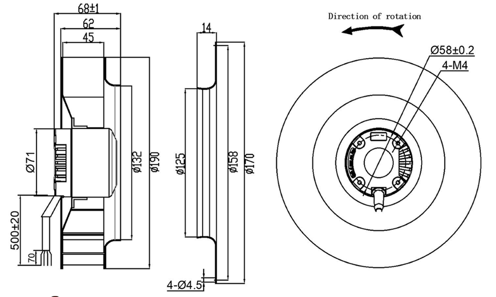YUTEC 24VDC 48VDC 190mm 72motor high speed EC centrifugal fan motor with Plastic impeller