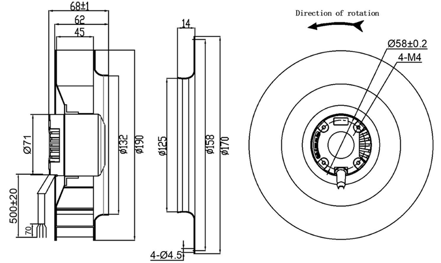 YUTEC 24VDC 48VDC 190mm 72motor EC centrifugal fan motor with Plastic impeller 