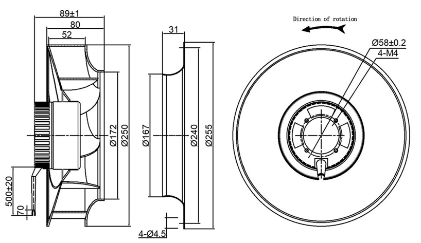 YUTEC 24VDC 48VDC 250mm 92motor high speed EC centrifugal fan with ...