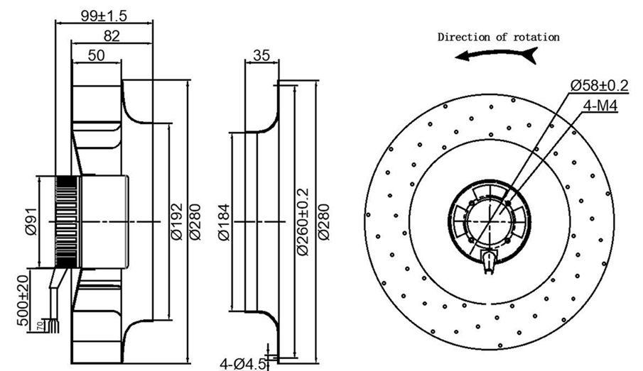 YUTEC 24VDC 48VDC 280mm 92motor medium speed EC centrifugal fan