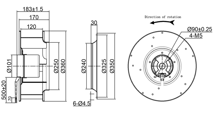 YUTEC 355mm 102motor backward curved centrifugal fans for railway