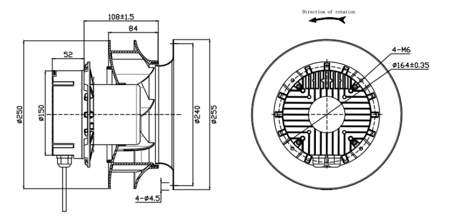 YUTEC EC 250mm 102motor low noise centrifugal fan with plastic impeller ...